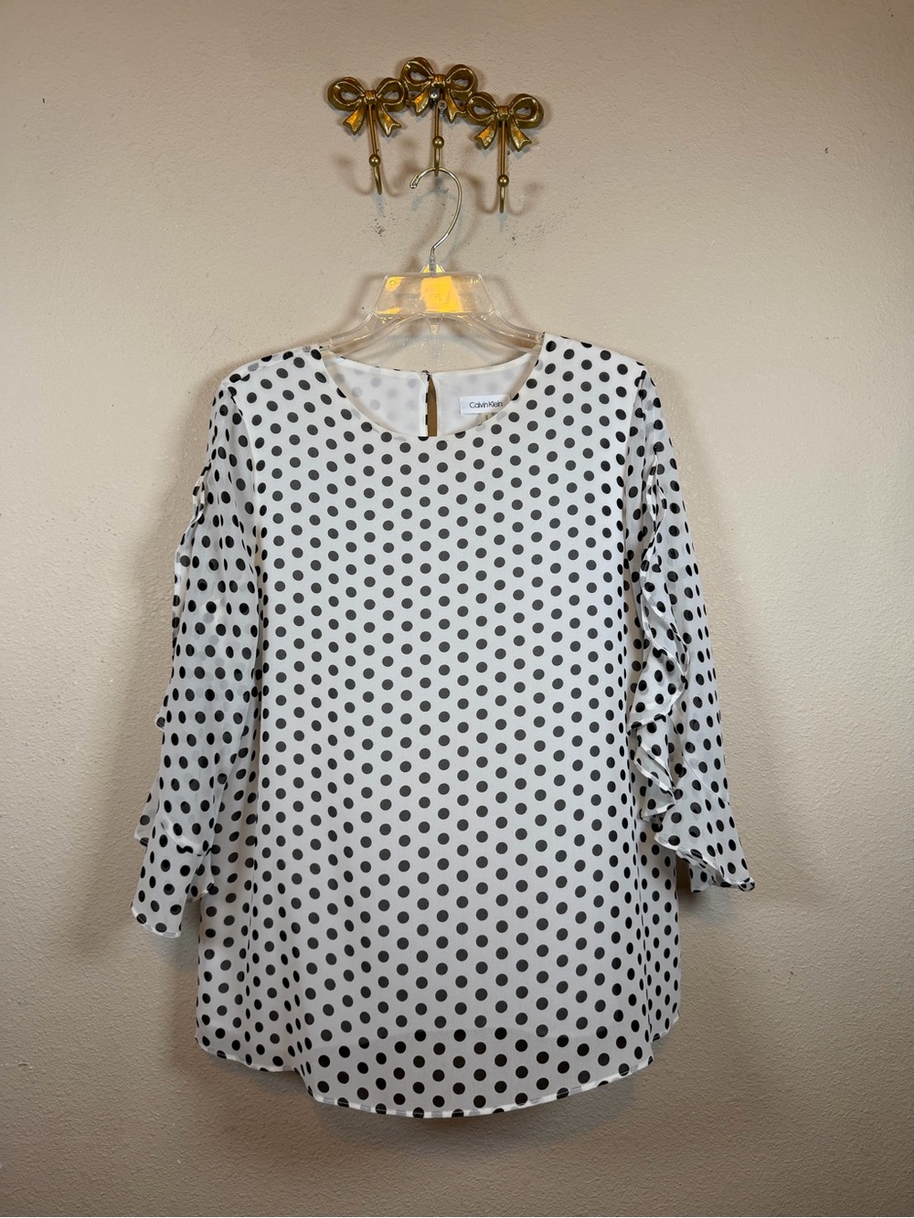 Calvin Klein Polka Dot Ruffle-Sleeve with 3/4 ruffle sleeves-White/Black. Size M